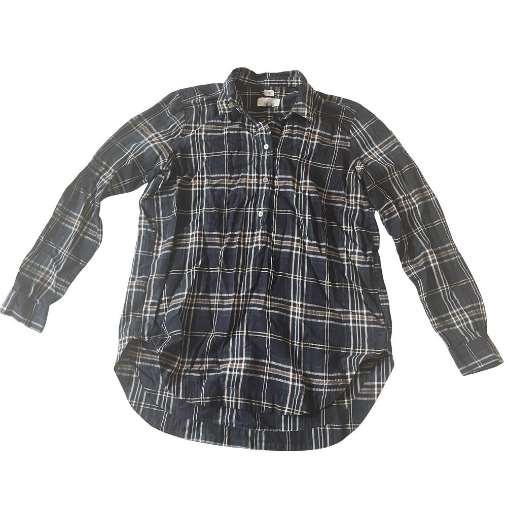 LOFT Women's Size S Plaid Button Up Softened Blue Gold‎ White 98% Cotton